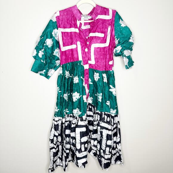 Busayo Tayo Mixed Batik Print Tie Dye Cotton Midi Puff Sleeve Dress Large - Picture 2 of 7